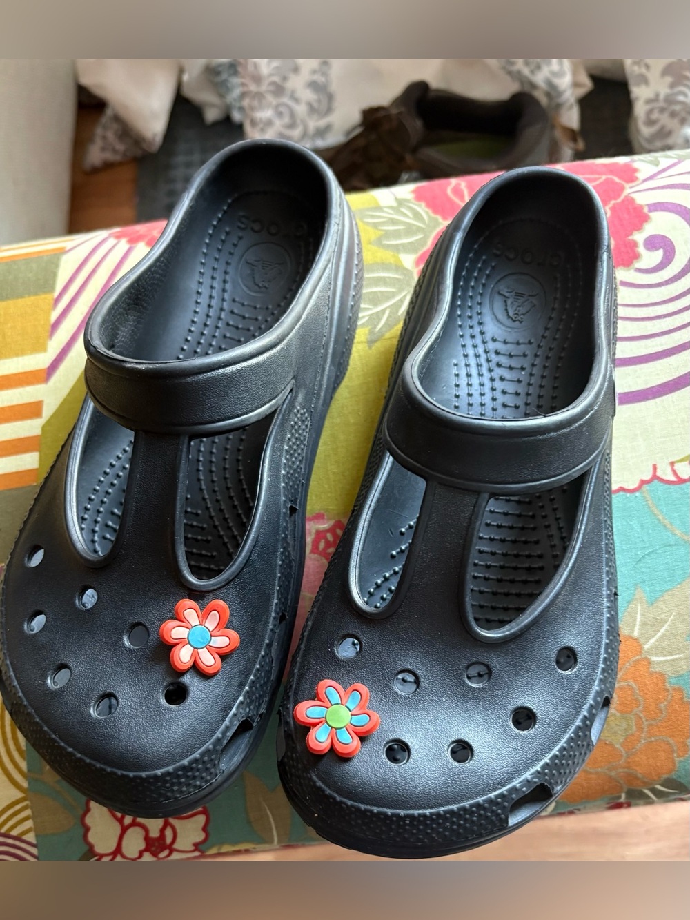 Black Mary Jane Style Crocks with orange-Blue Flower Charms
